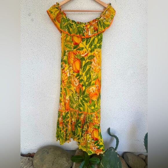 NWOT FARM Rio Tangerine Multi Off Shoulder Tropical Midi Dress XS “RARE" - Picture 10 of 12